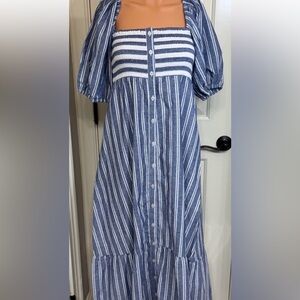 Love Tomas Emerson Fry Blue Stripe Cotton Maxi Dress Smocked Bodice Puff Sleeve